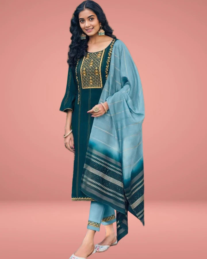 Indubalaa Deep Green Embroidered Viscose Rayon Kurti Set
